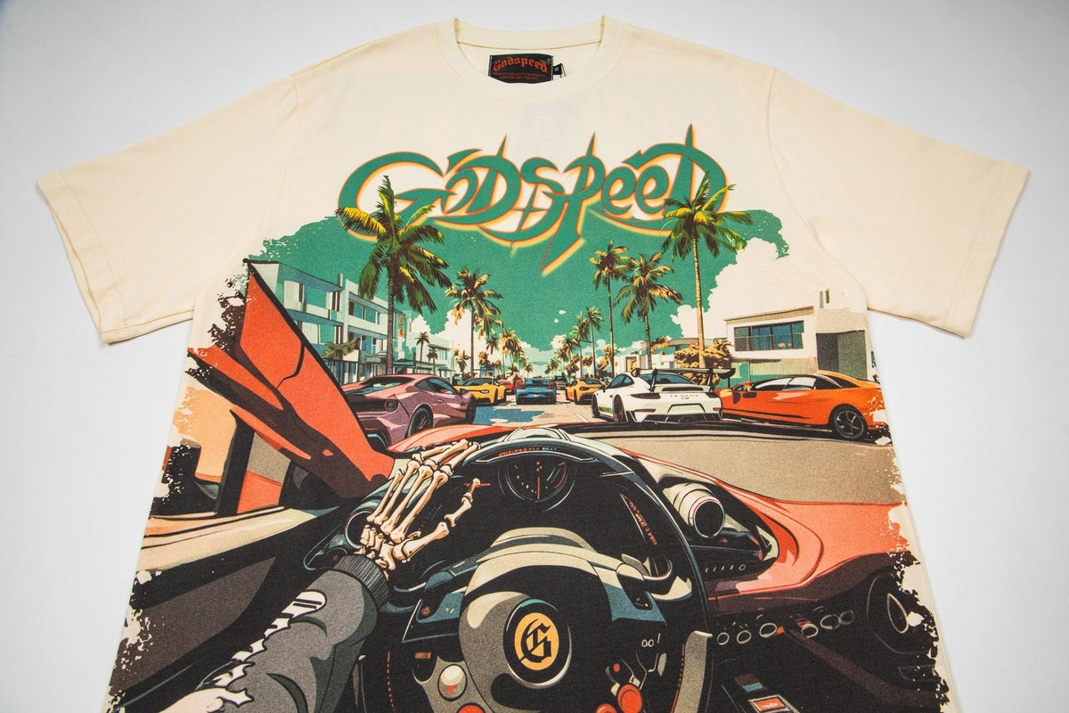 Godspeed Retro Car & Palm Tree Graphic T-Shirt — front