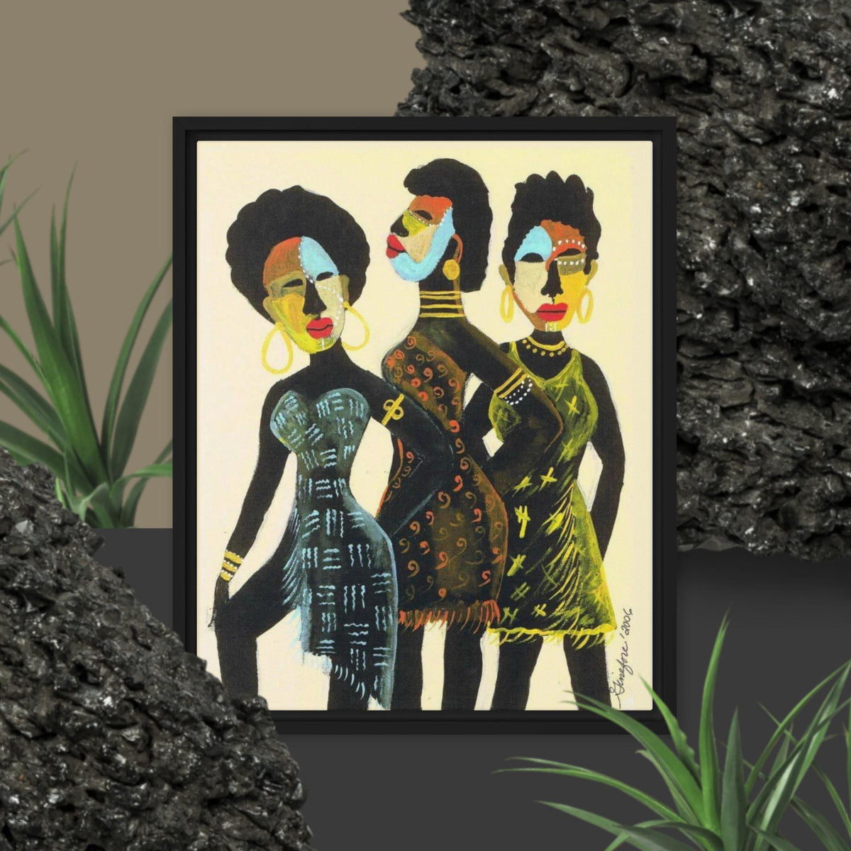 African Women 3X, Framed African Wall Art, African Masks, Cultural Wall Art, Gift of Art, Black American Artists - Ginefore' Collection - ERODA Lifestyles