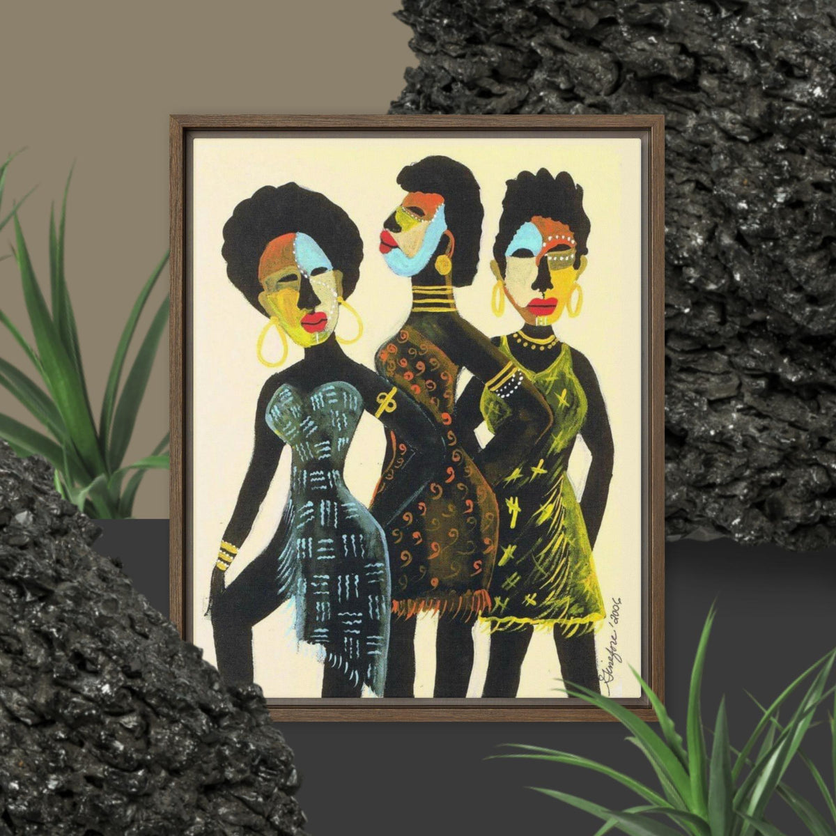 African Women 3X, Framed African Wall Art, African Masks, Cultural Wall Art, Gift of Art, Black American Artists - Ginefore' Collection - ERODA Lifestyles