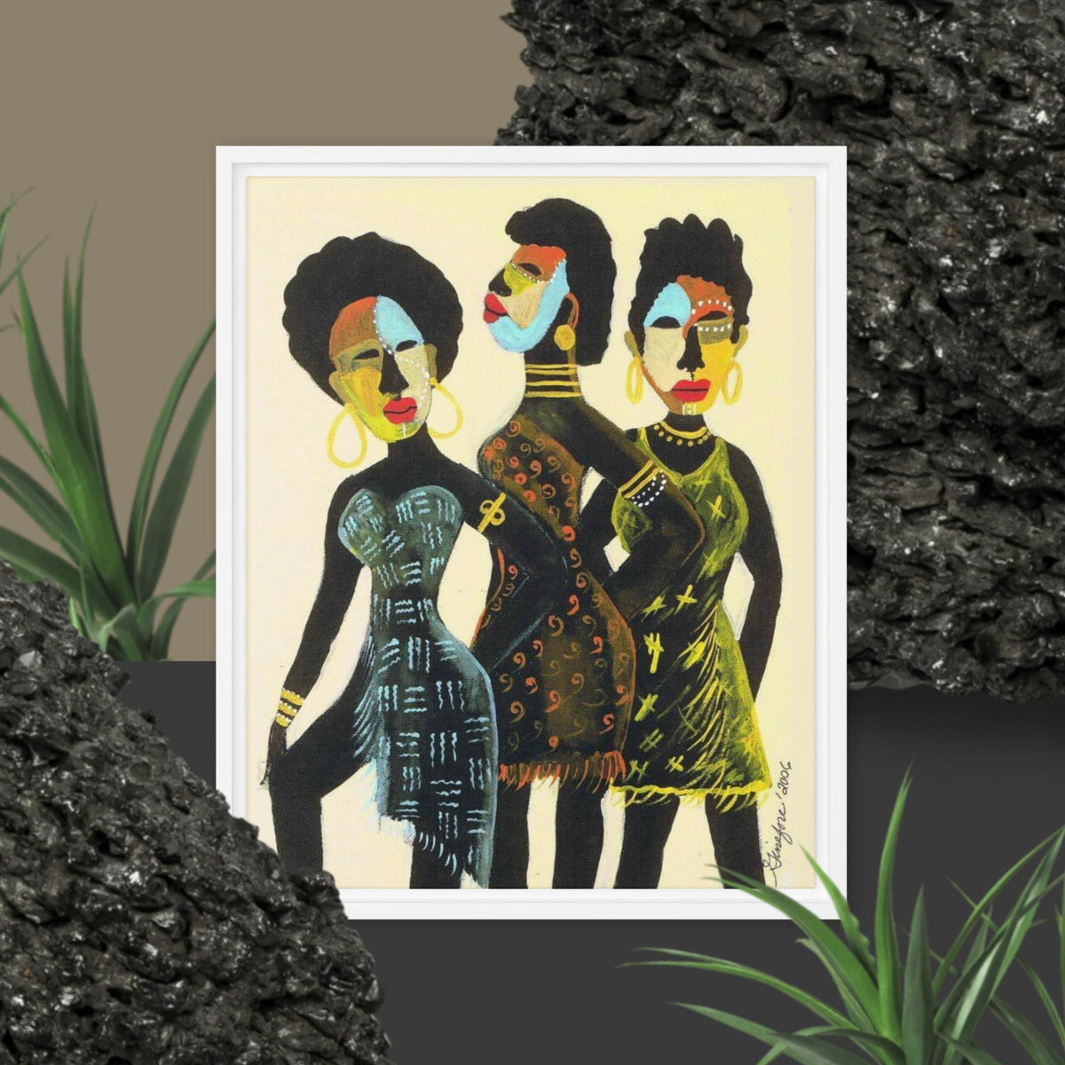 African Women 3X, Framed African Wall Art, African Masks, Cultural Wall Art, Gift of Art, Black American Artists - Ginefore' Collection - ERODA Lifestyles