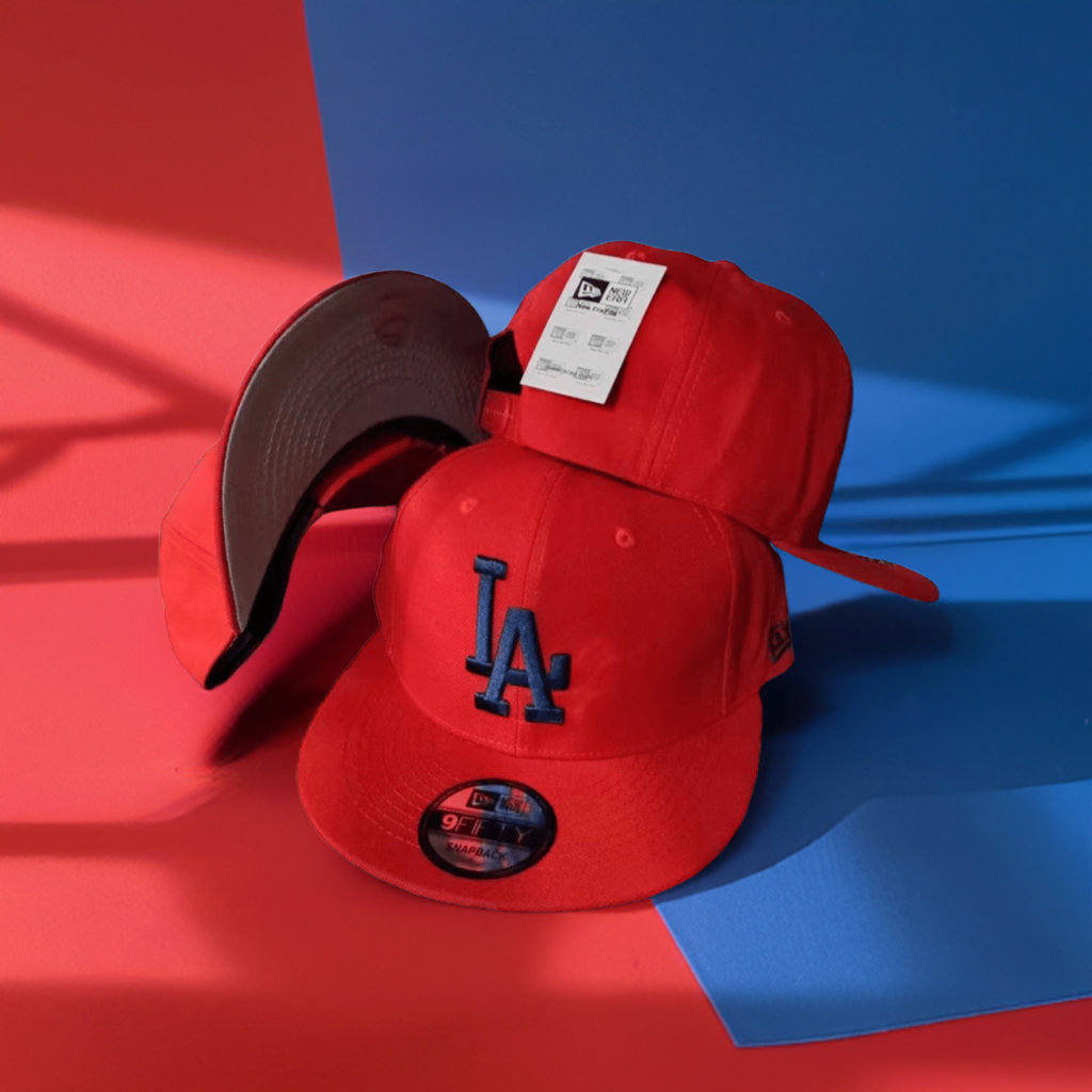 2024 LA Dodgers Straight Brim Baseball Cap, Adjustable, Red W Navy LA LOGO - Stapback