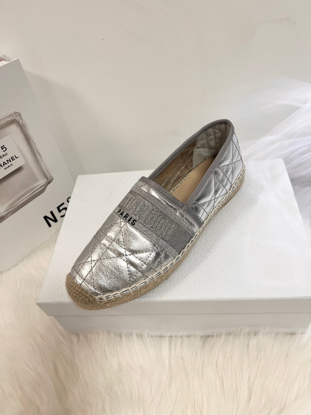 Dior Granville Espadrille Silver Quilted Cannage Calfskin