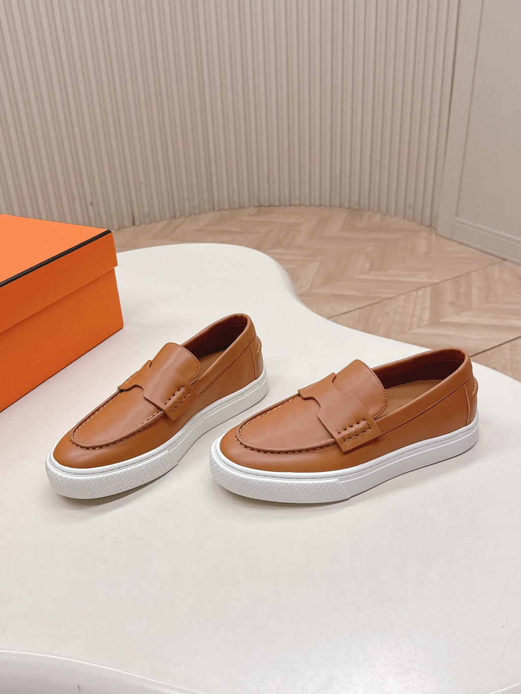 Hermes 25S Slip-On in Brown Lambskin
