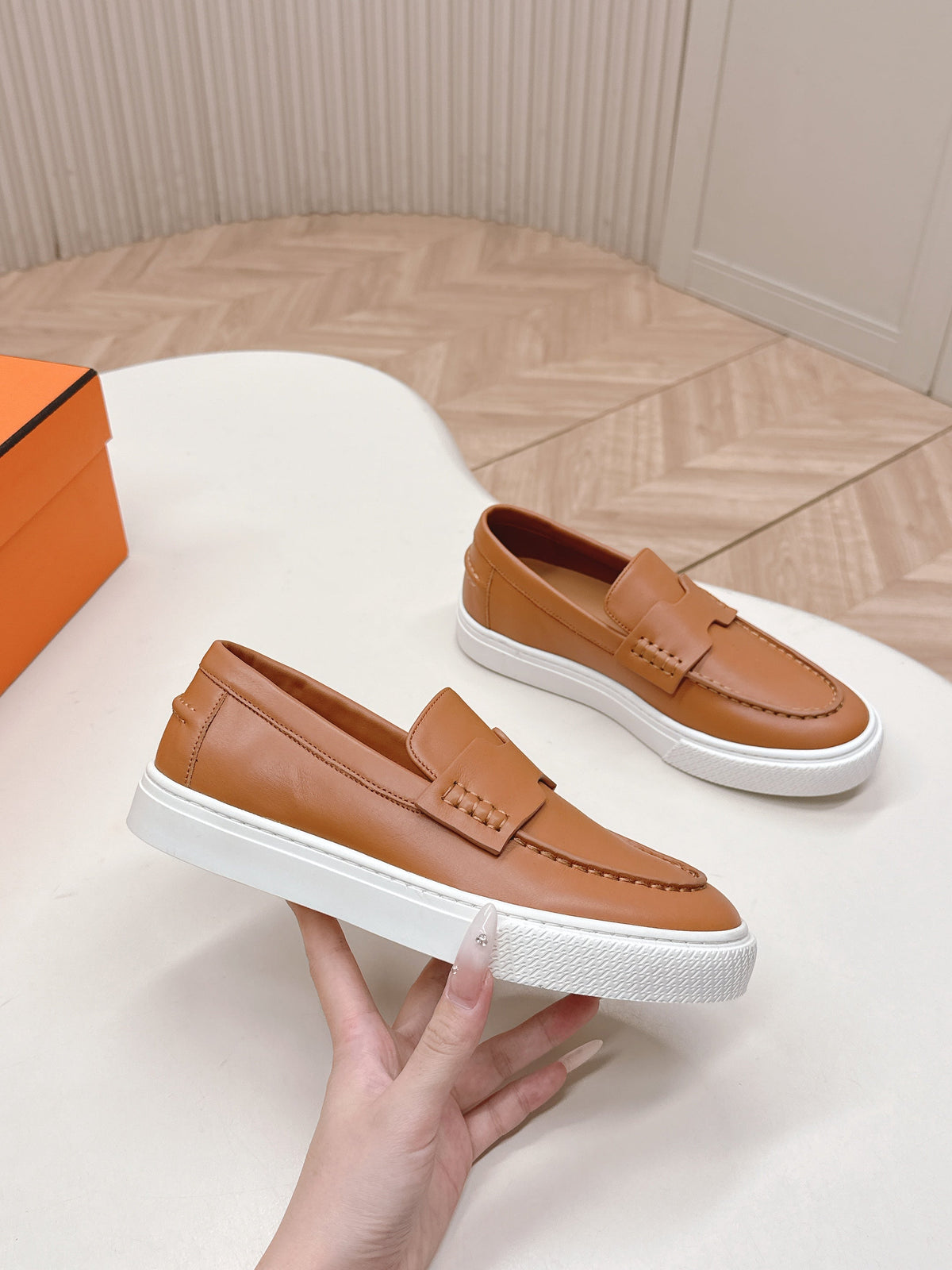Hermes 25S Slip-On in Brown Lambskin