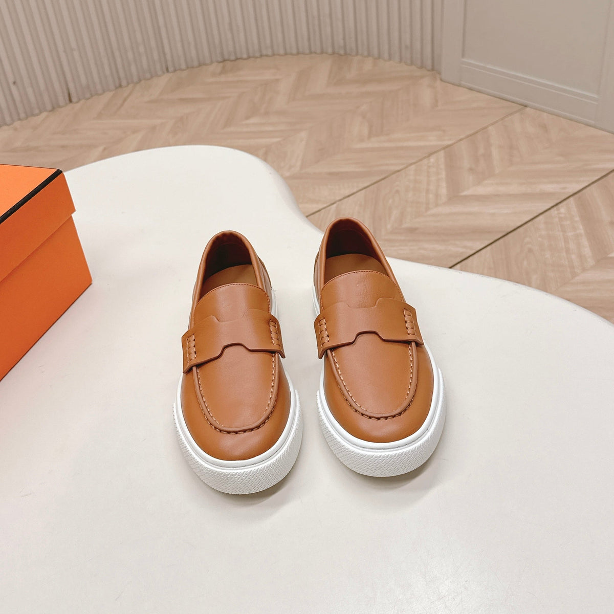 Hermes 25S Slip-On in Brown Lambskin