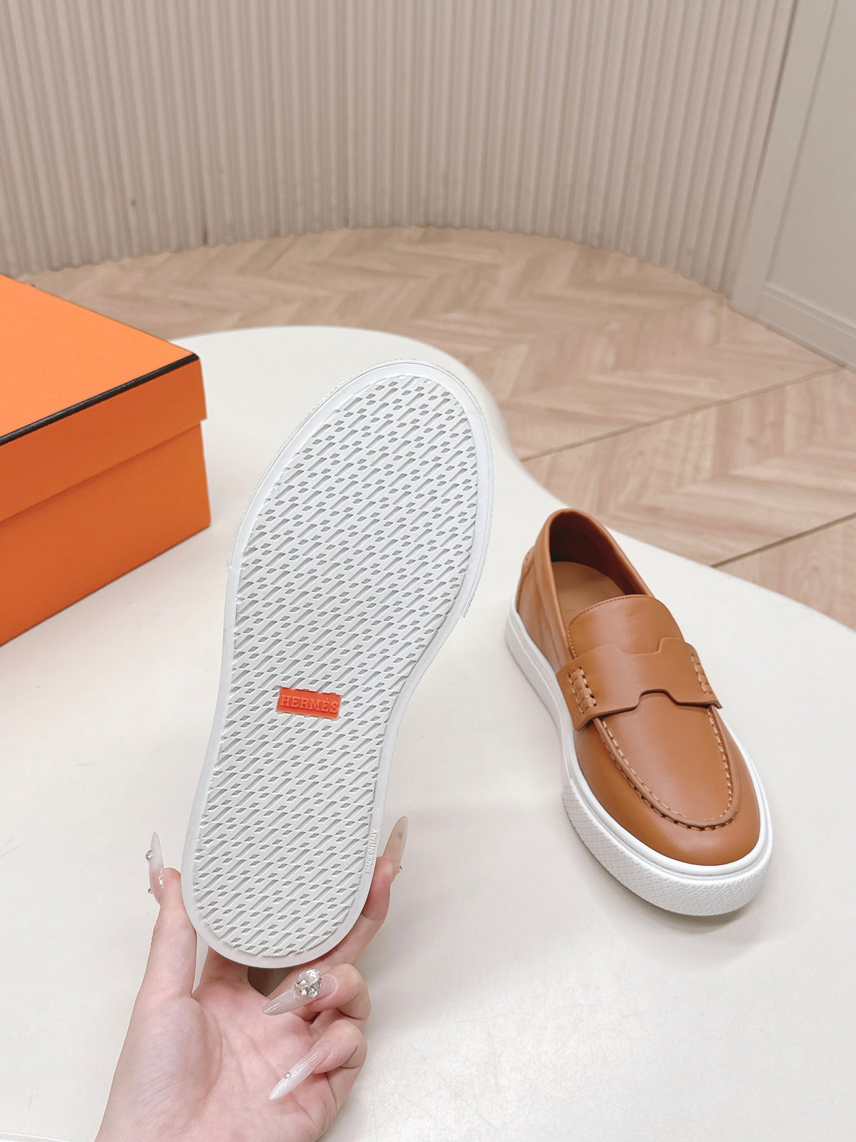 Hermes 25S Slip-On in Brown Lambskin
