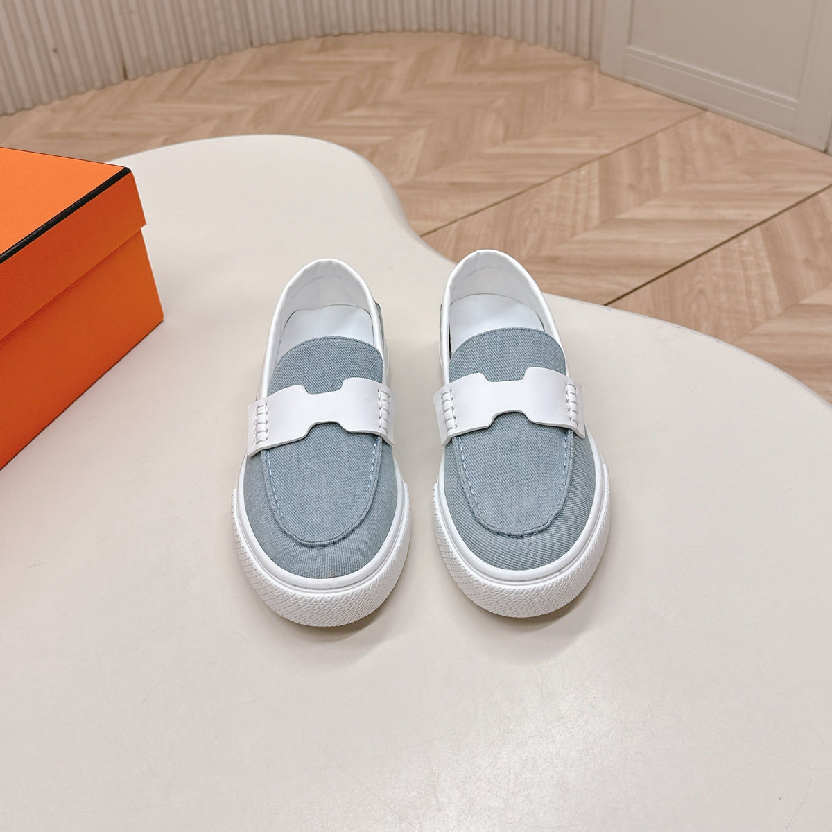Hermes 25S Slip-On in Blue Denim and White Lambskin