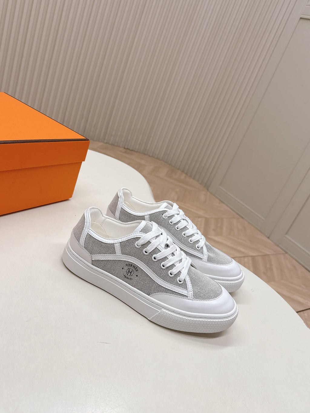 Hermes 25S Sneaker Low Sports in Grey Canvas Mix White Lambskin