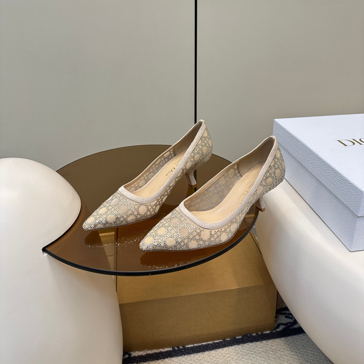 Dior Pointed Toe Heels 55mm in Nude Mesh with Rhinestones
