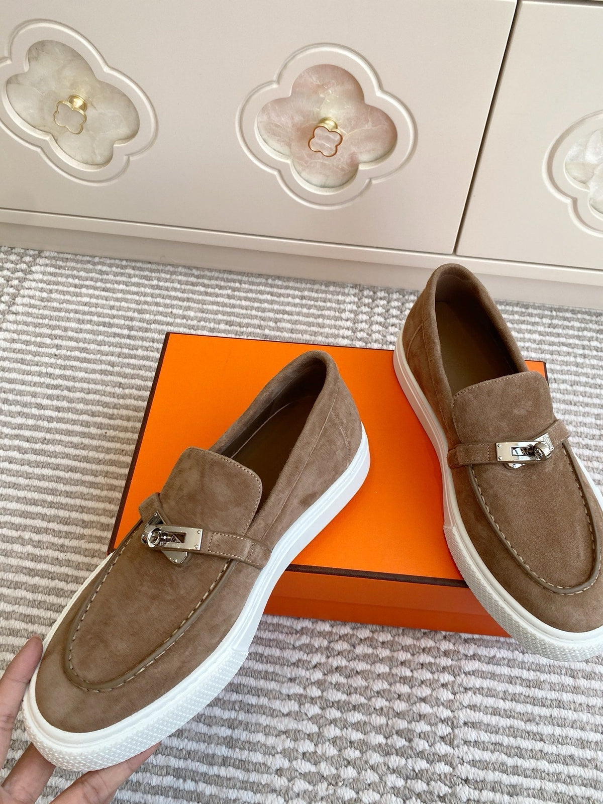 Hermes 25S Slip-On in Brown Suede with Silver Hardware
