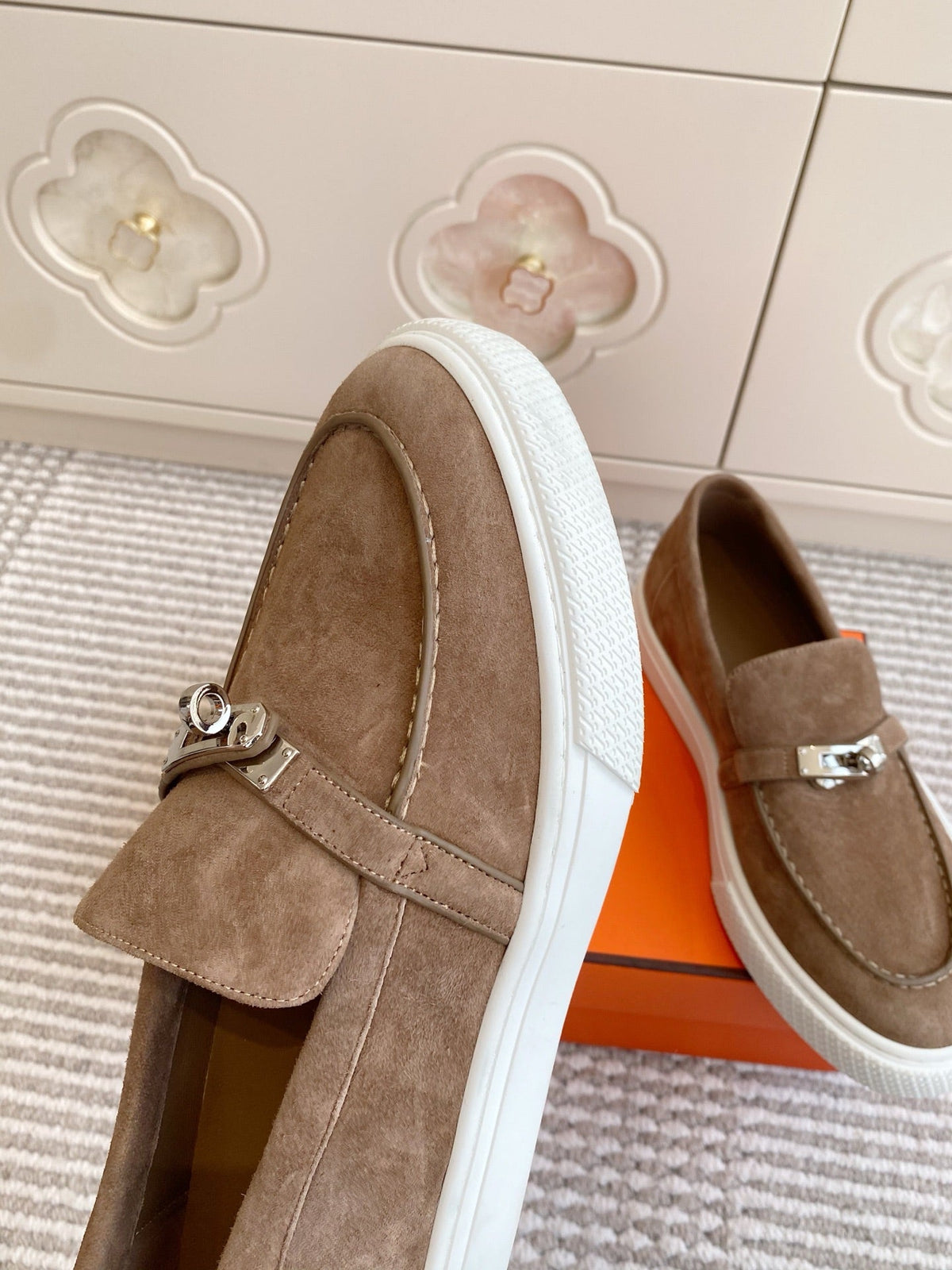 Hermes 25S Slip-On in Brown Suede with Silver Hardware