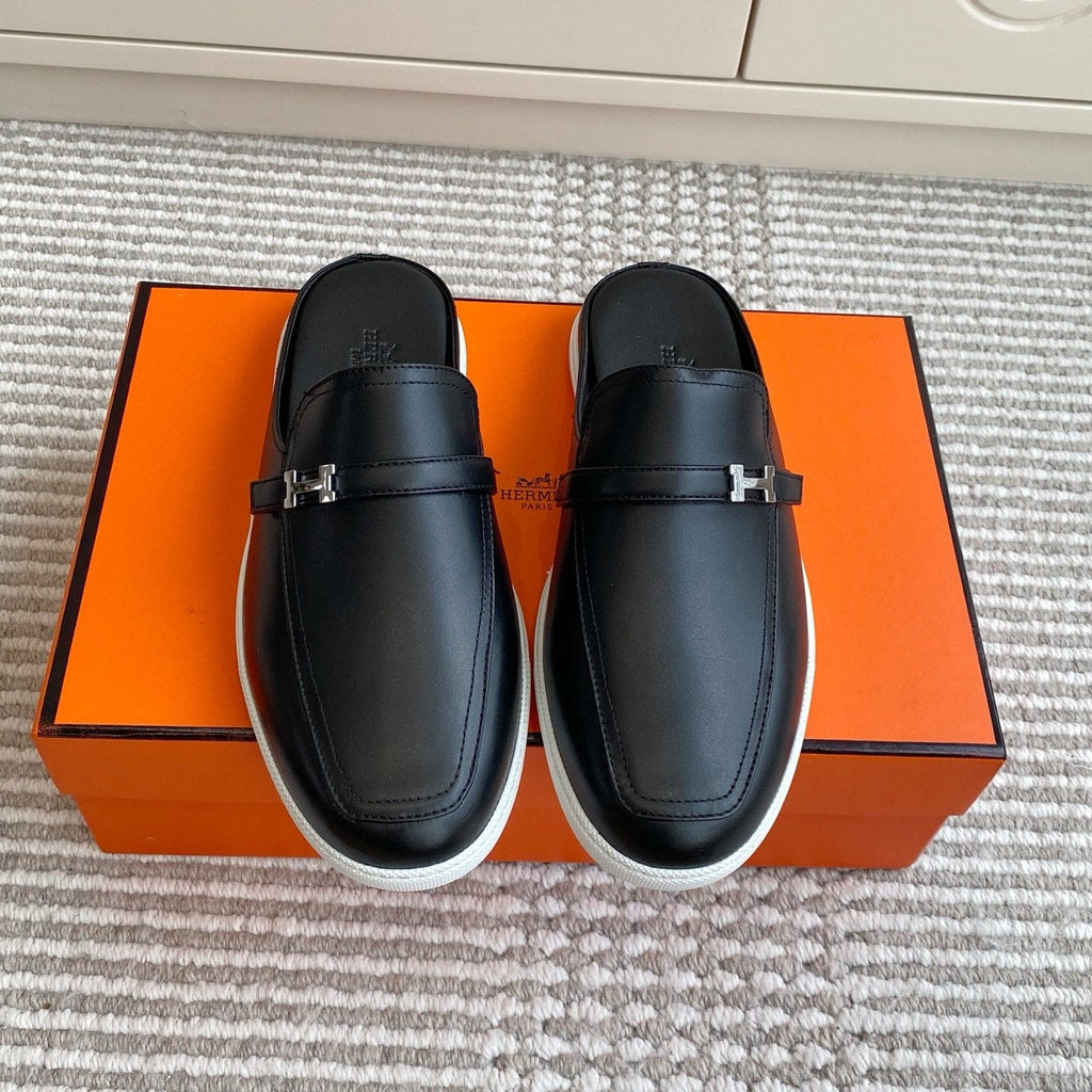 Hermes 25S Mules in Black Lambskin with Silver Hardware