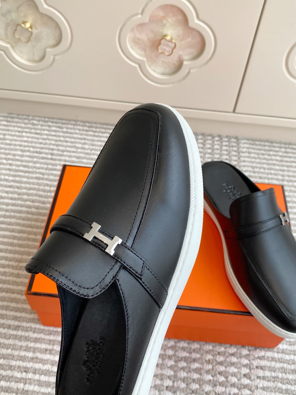 Hermes 25S Mules in Black Lambskin with Silver Hardware