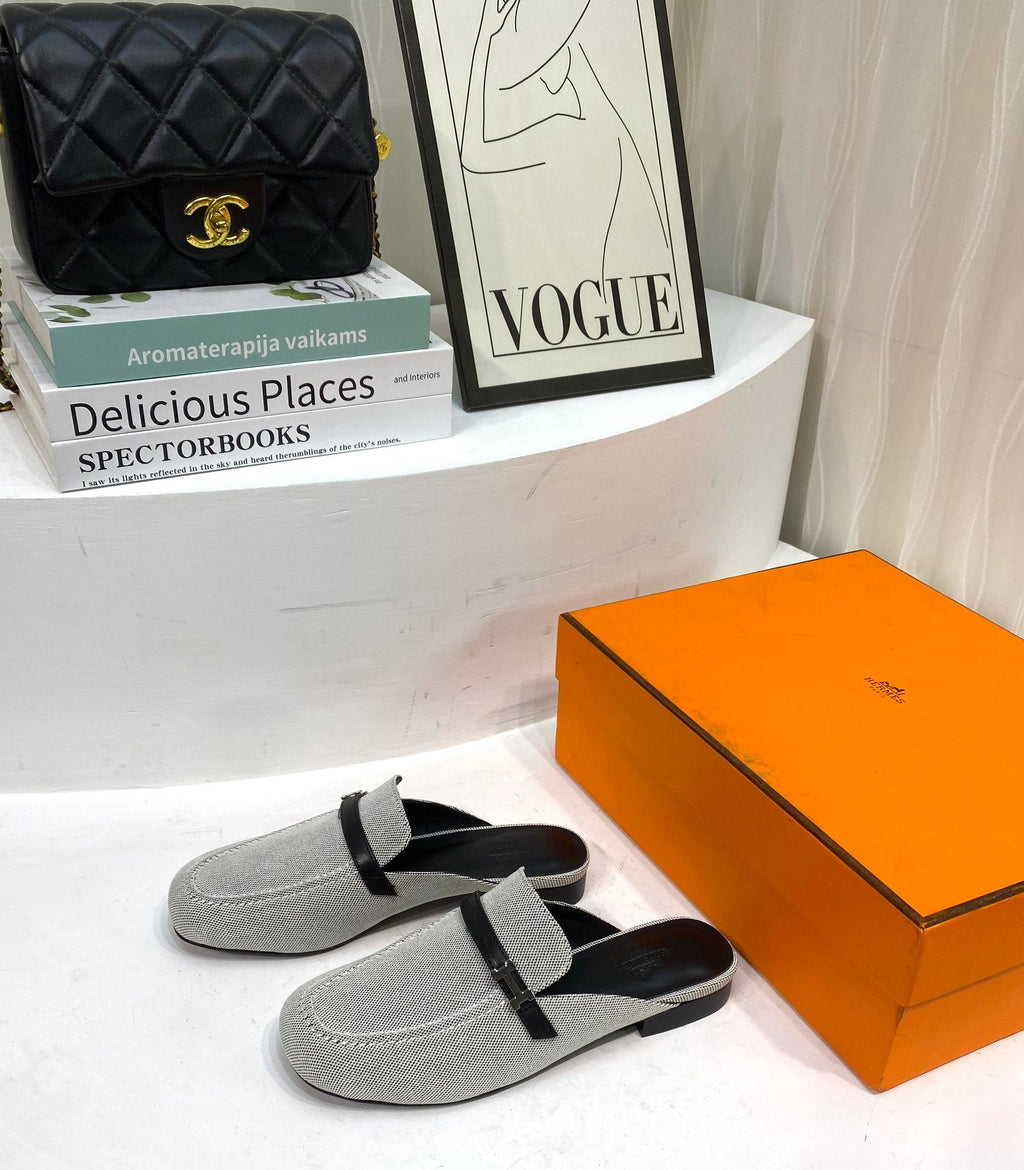 Hermes Iena Mule Gray Canvas and Black Calfskin