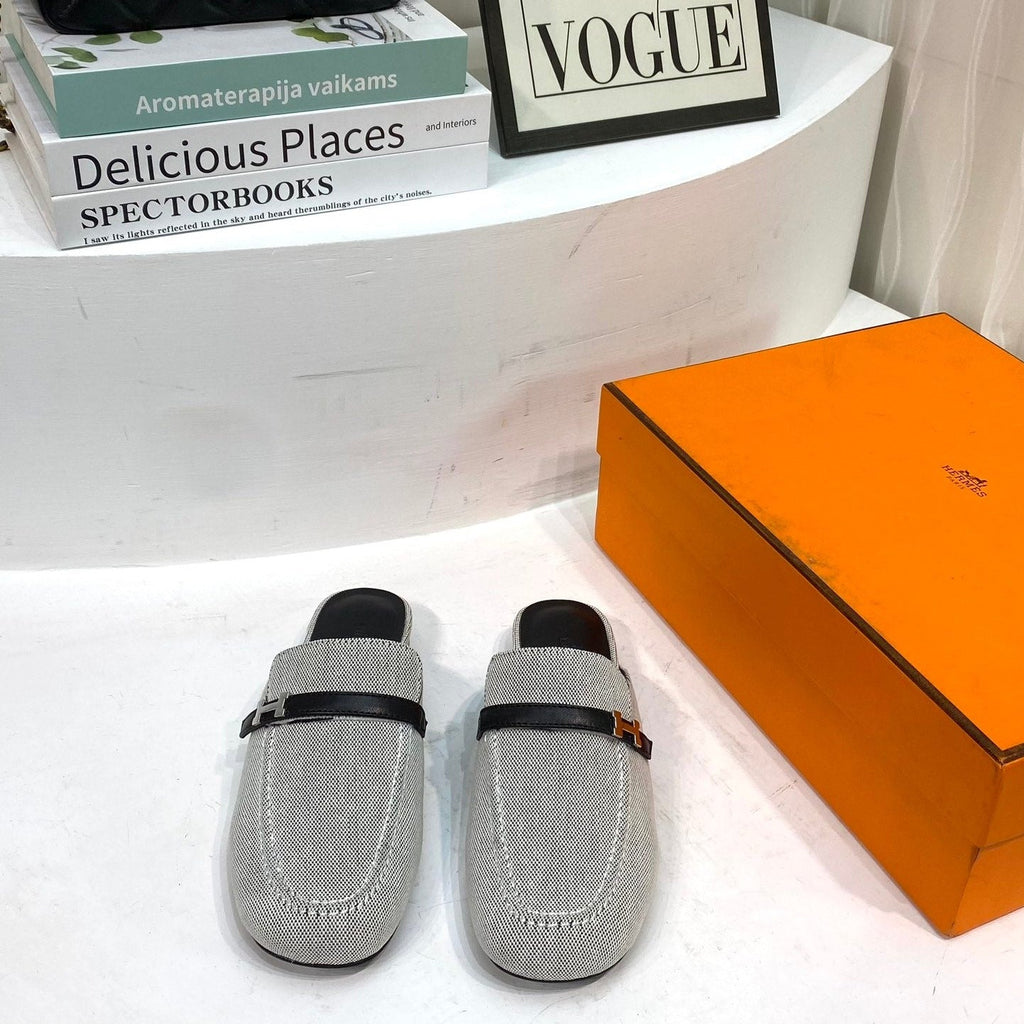 Hermes Iena Mule Gray Canvas and Black Calfskin