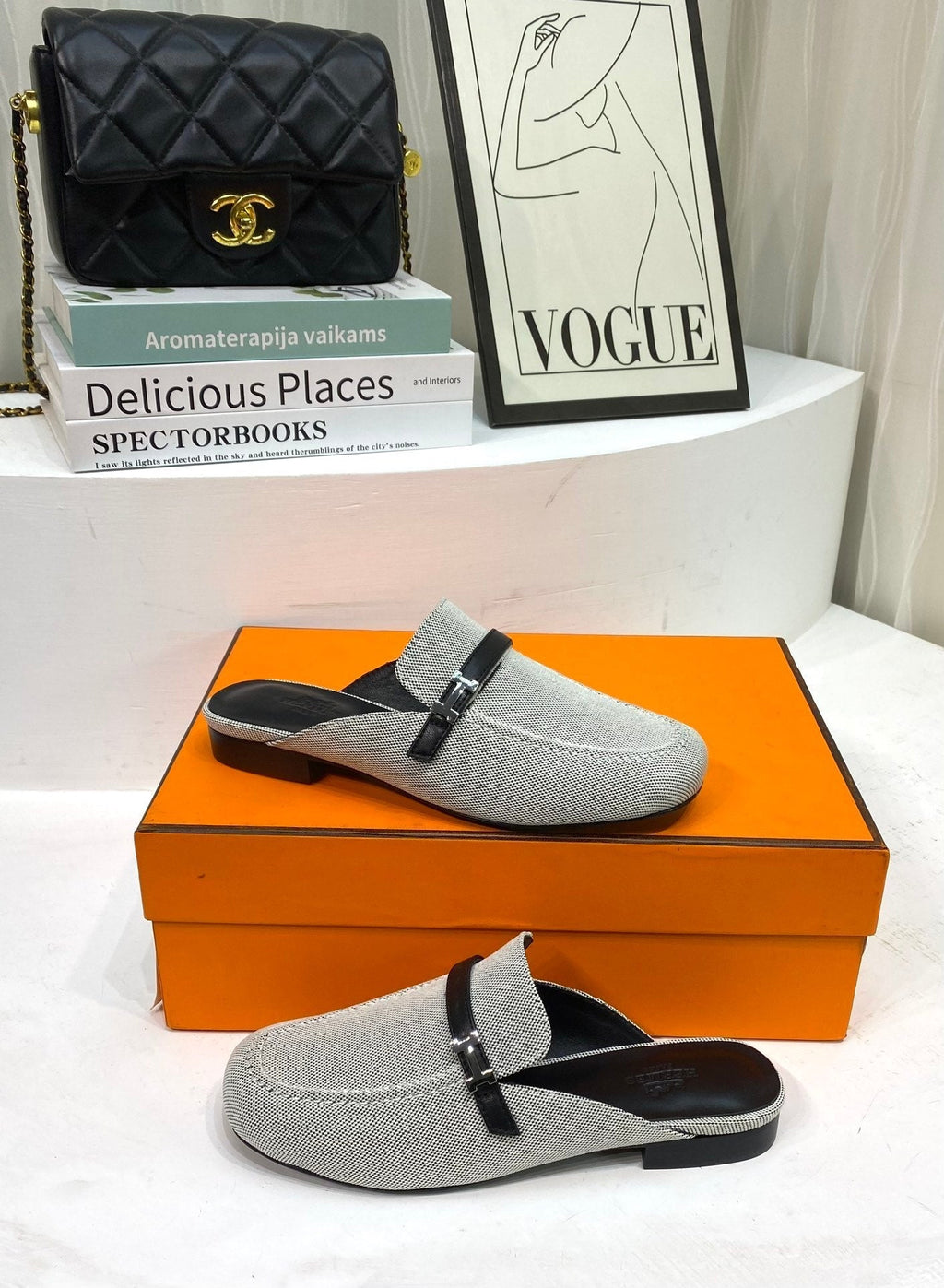 Hermes Iena Mule Gray Canvas and Black Calfskin