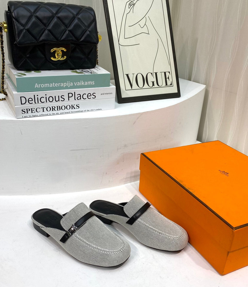Hermes Iena Mule Gray Canvas and Black Calfskin