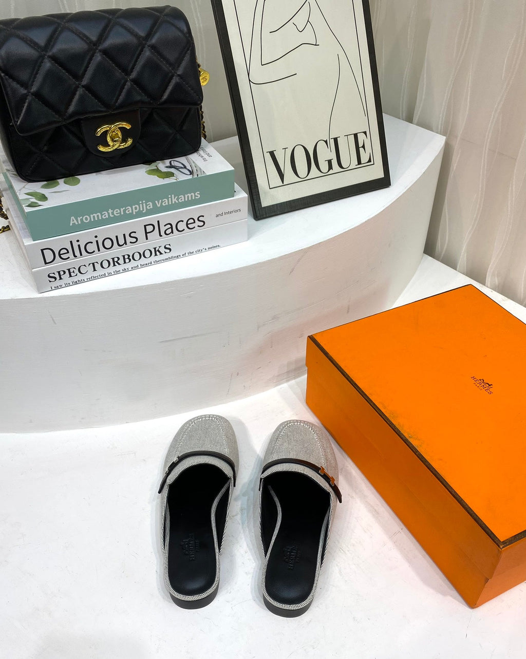 Hermes Iena Mule Gray Canvas and Black Calfskin