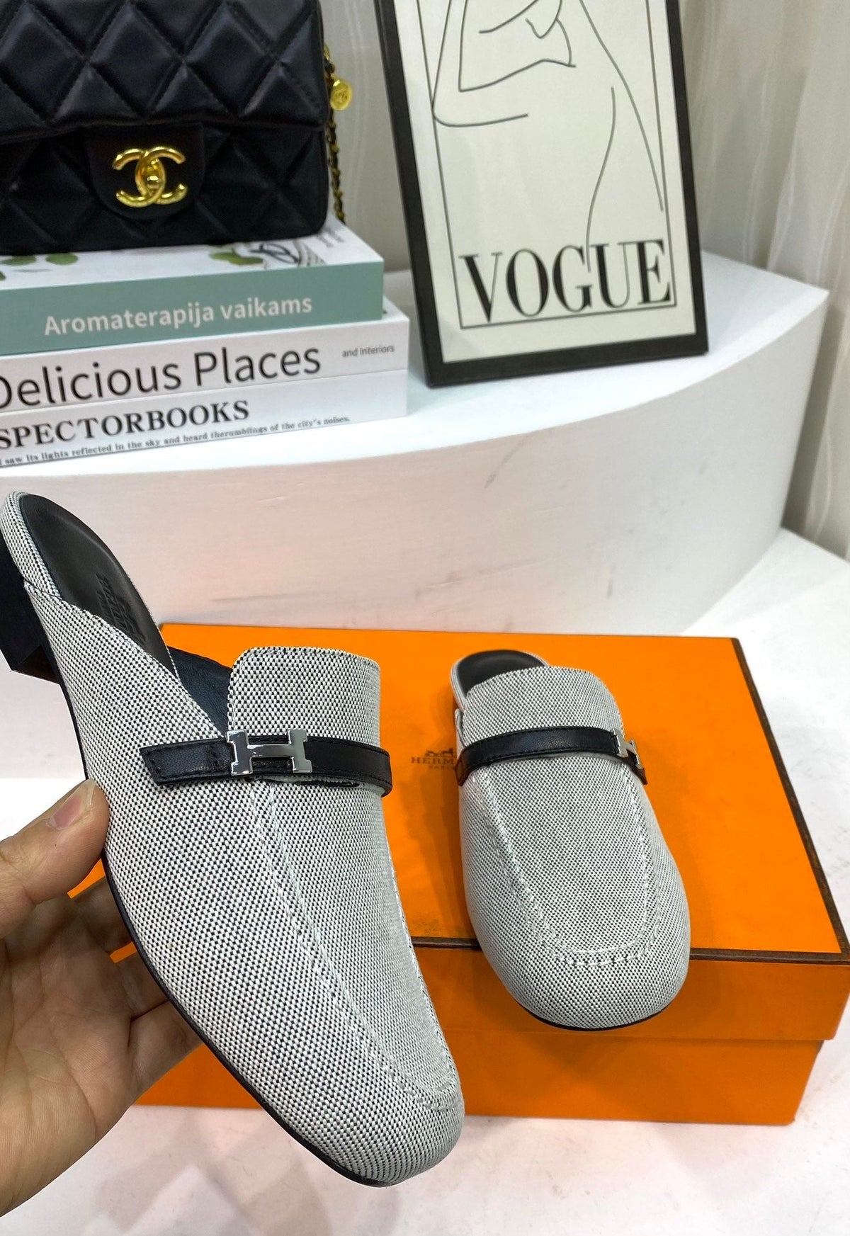 Hermes Iena Mule Gray Canvas and Black Calfskin
