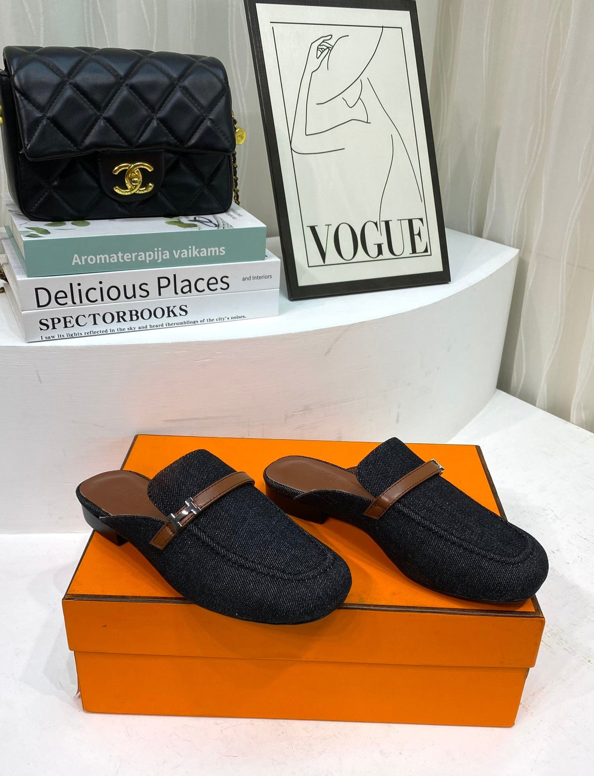 Hermes Iena Mule Black Canvas and Brown Calfskin