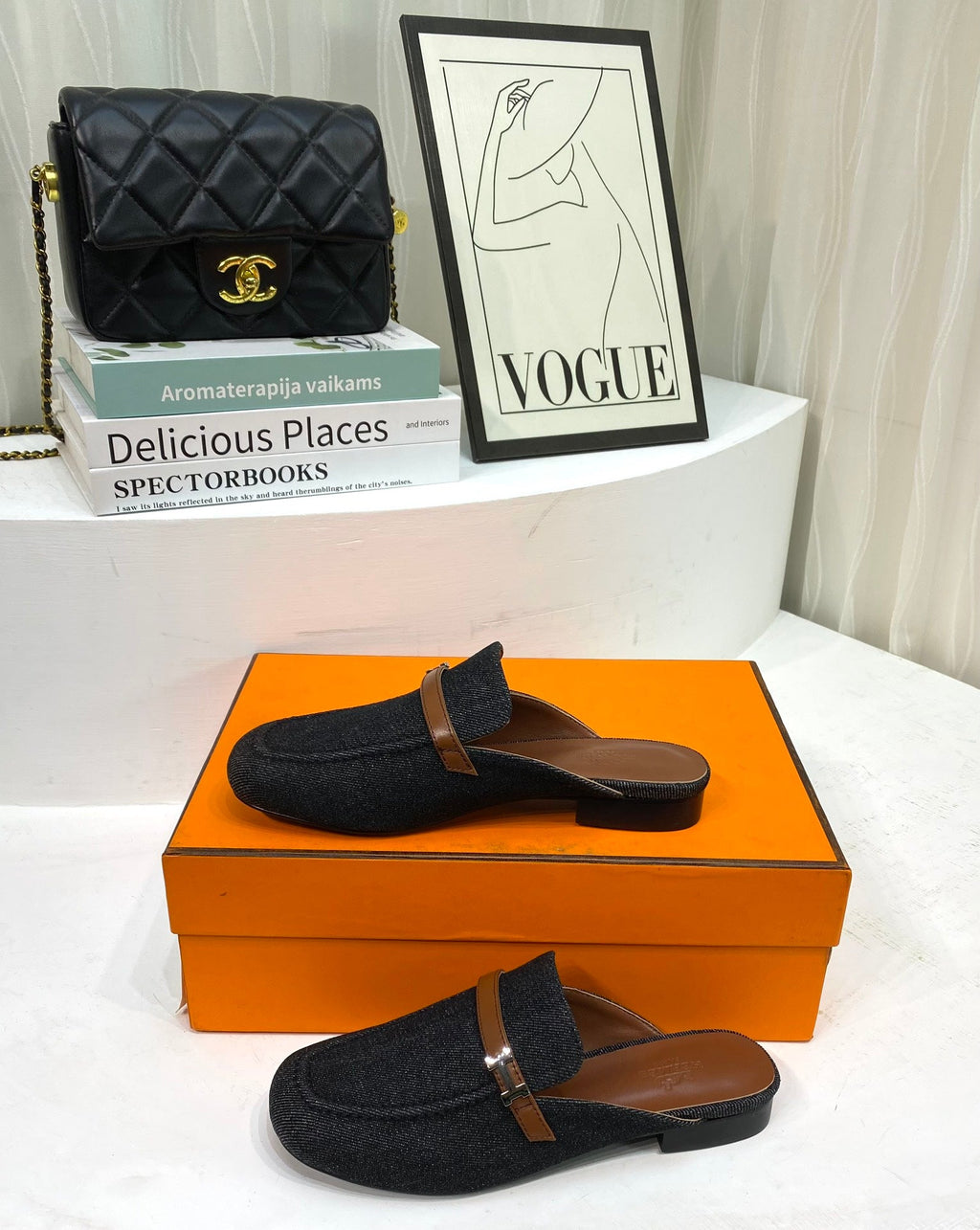 Hermes Iena Mule Black Canvas and Brown Calfskin