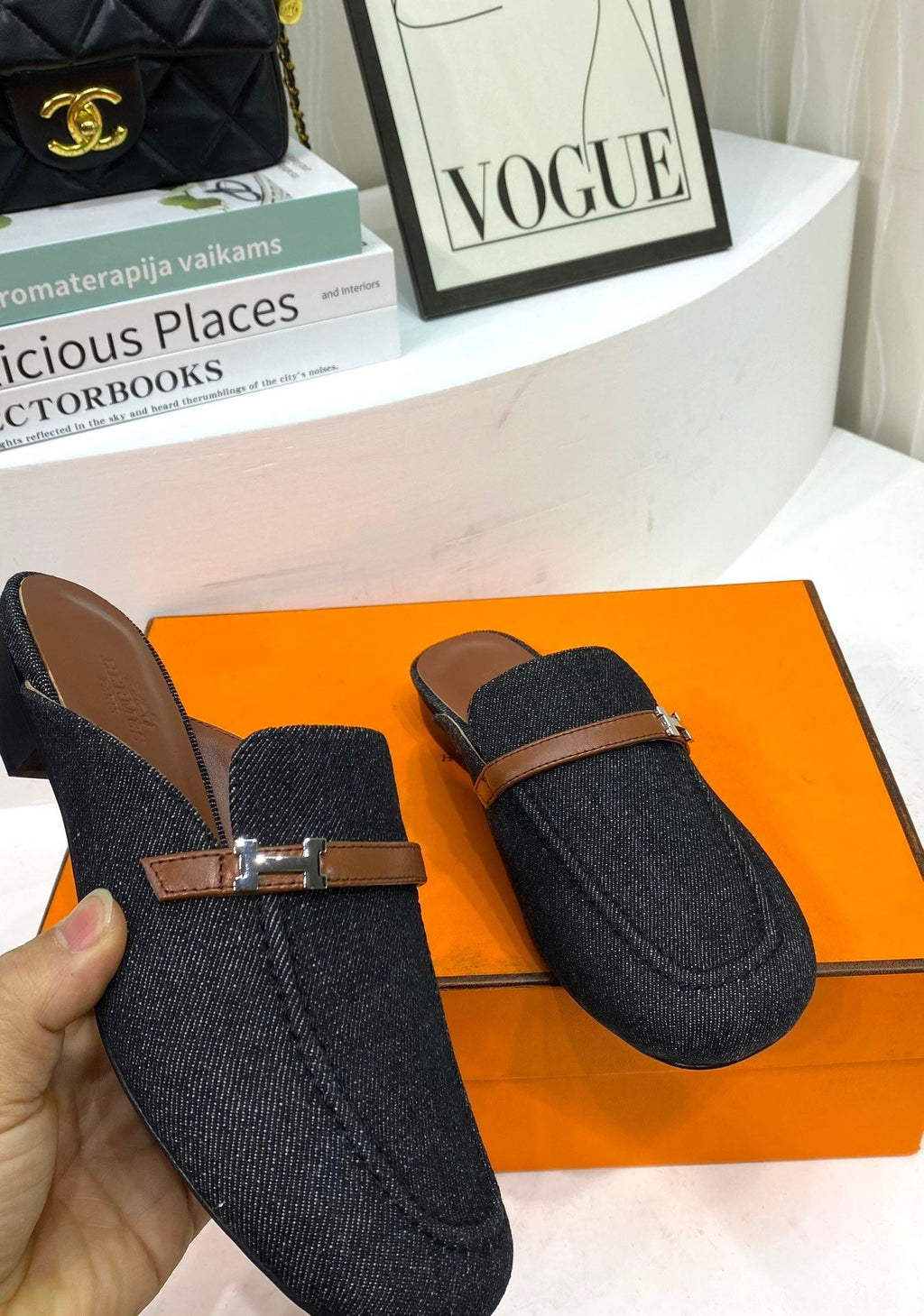 Hermes Iena Mule Black Canvas and Brown Calfskin