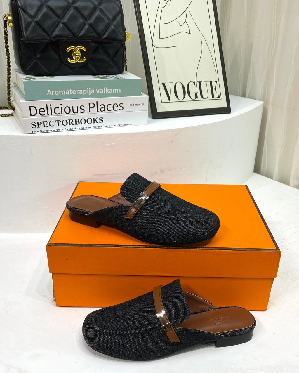 Hermes Iena Mule Black Canvas and Brown Calfskin
