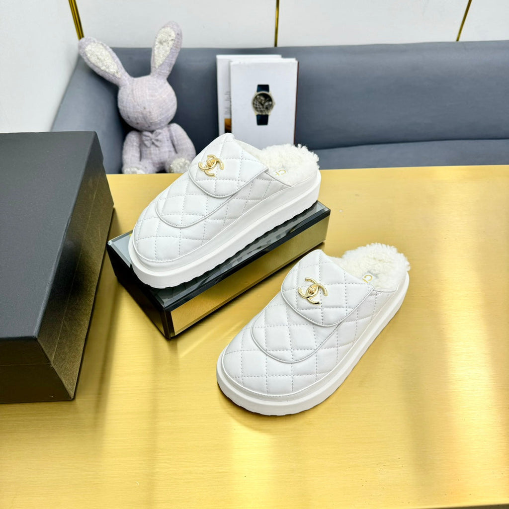 Chanel Thick-Soled Slide in White Lambskin and Wool Lining