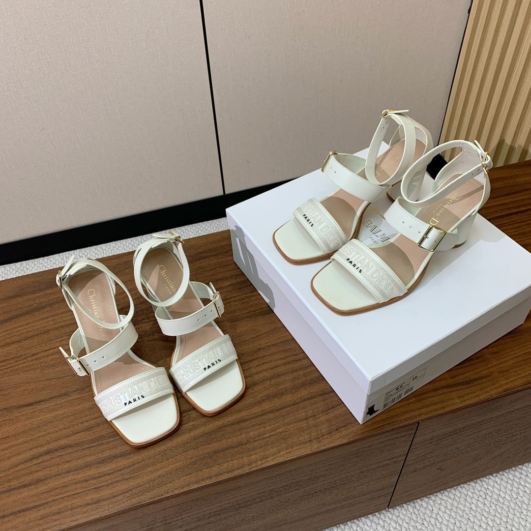 Dior Three-Strap High-Heeled Embroidered Sandals White