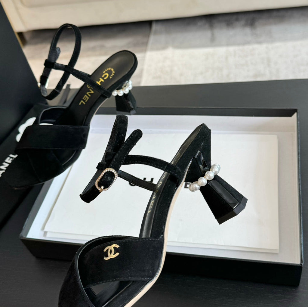 Chanel High Sandals Lambskin Black
