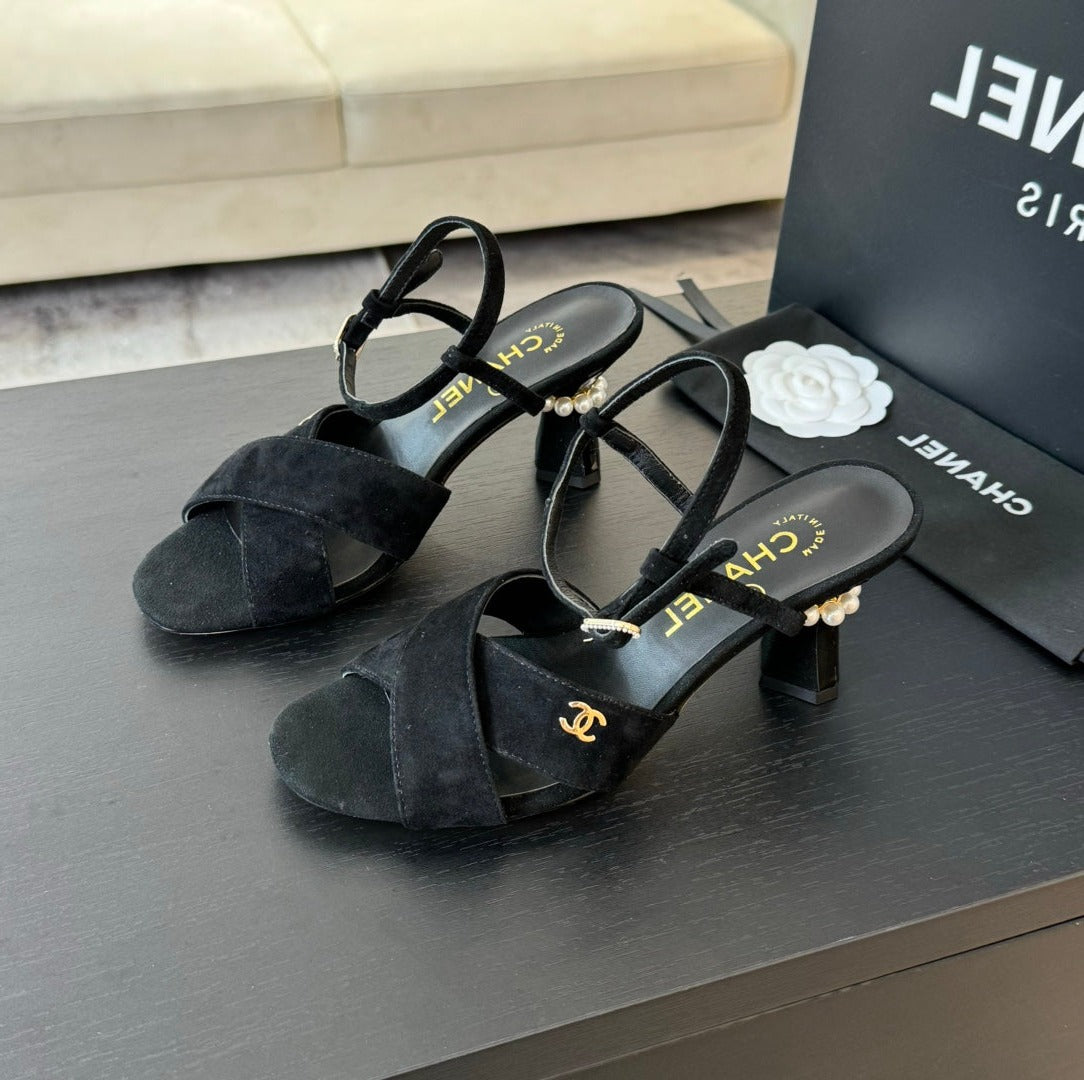 Chanel High Sandals Lambskin Black