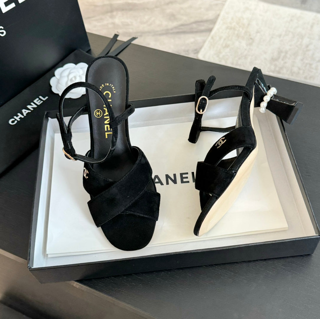 Chanel High Sandals Lambskin Black