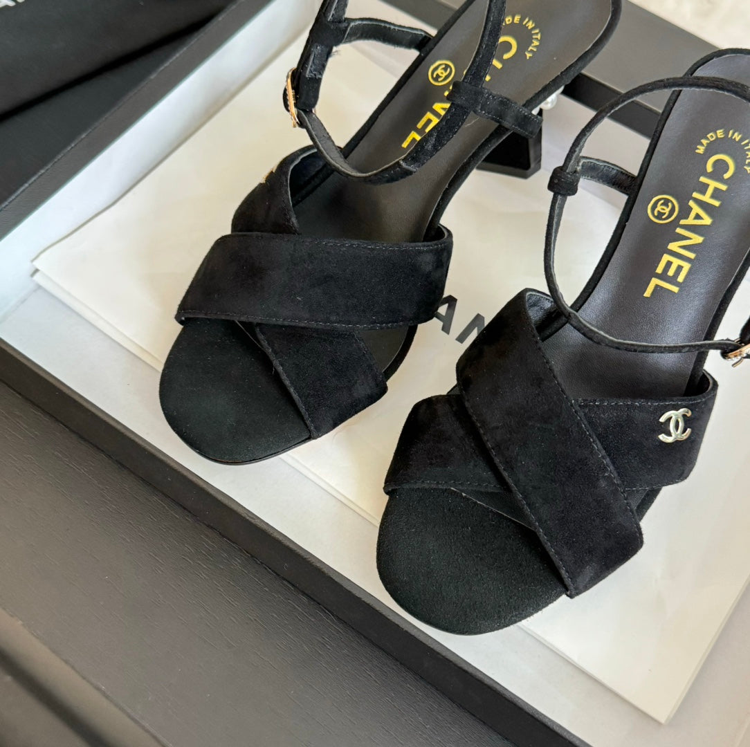 Chanel High Sandals Lambskin Black