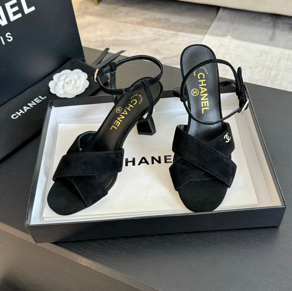 Chanel High Sandals Lambskin Black