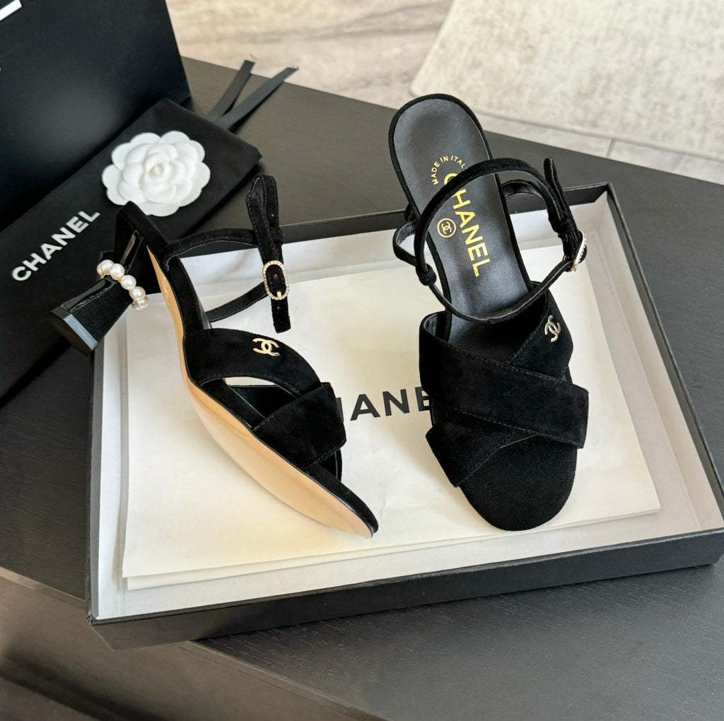 Chanel High Sandals Lambskin Black