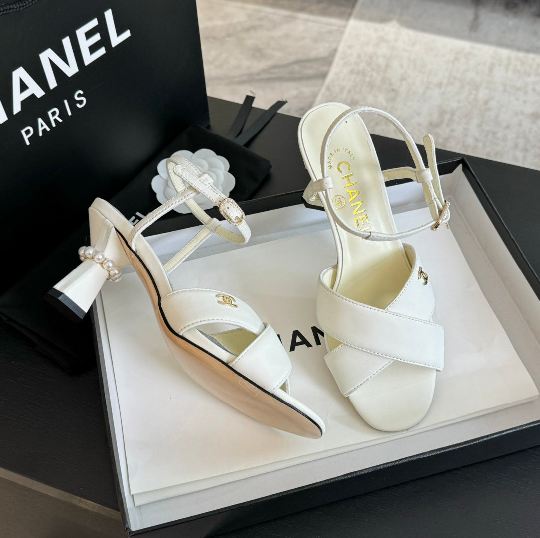 Chanel High Sandals Lambskin White