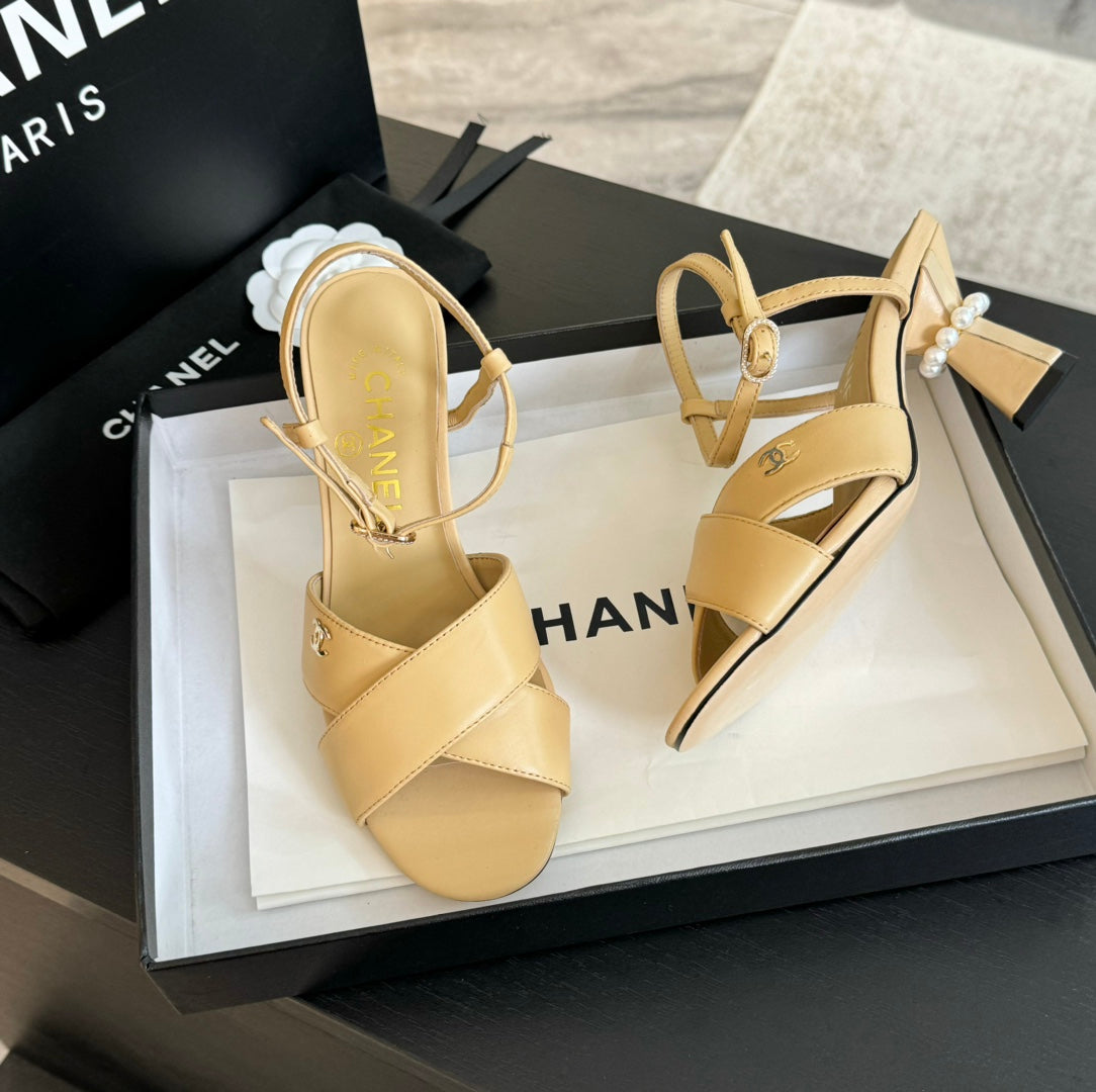 Chanel High Sandals Lambskin Yellow Cream