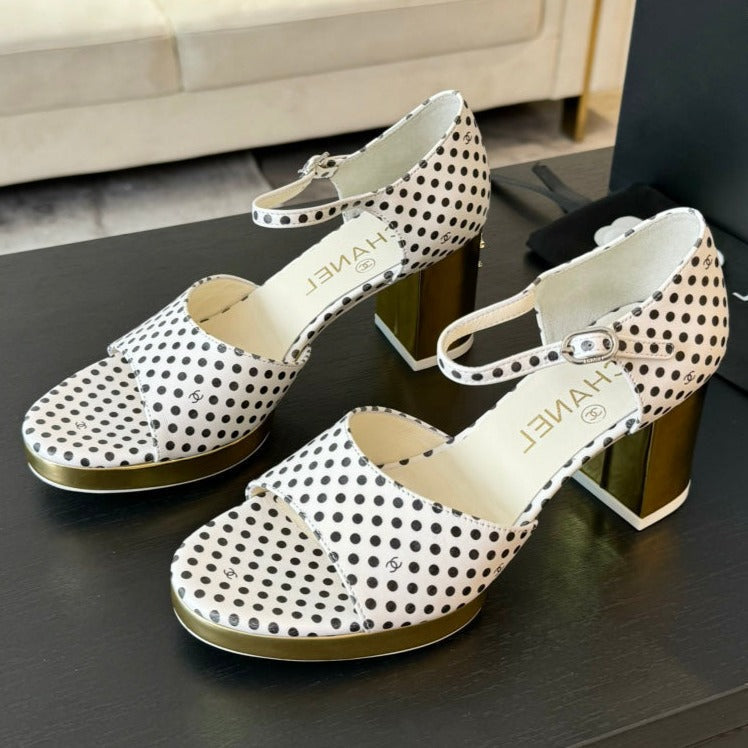 Chanel Platform Peep-Toe Sandals White/Black Caro Lambskin