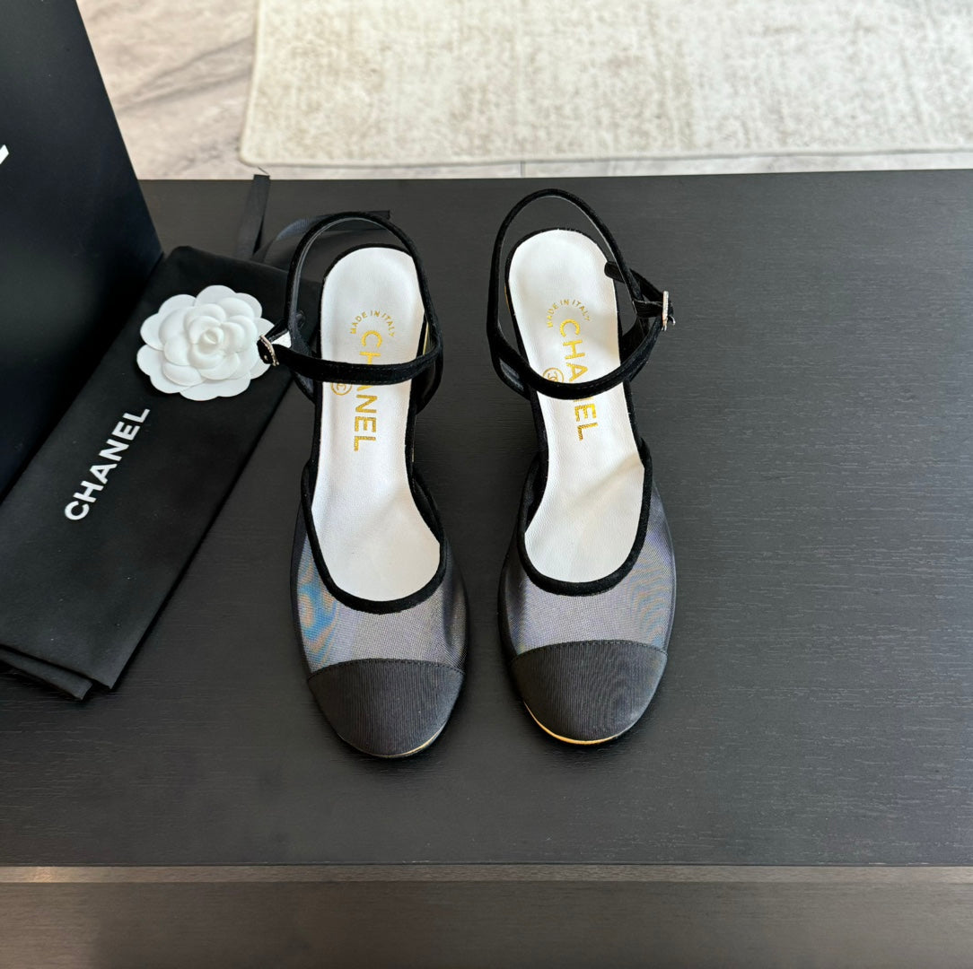 Chanel Waterproof Platform High Heels Transparent Heel Mesh Black