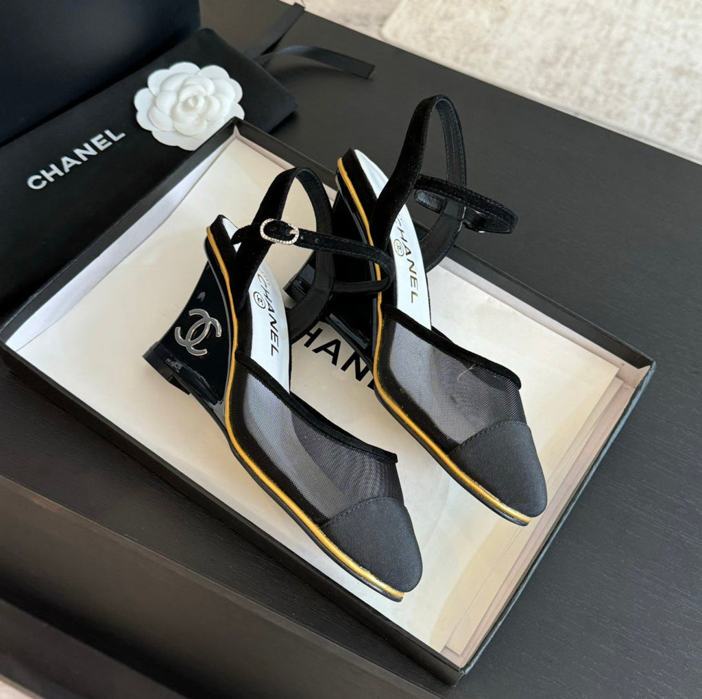 Chanel Waterproof Platform High Heels Transparent Heel Mesh Black