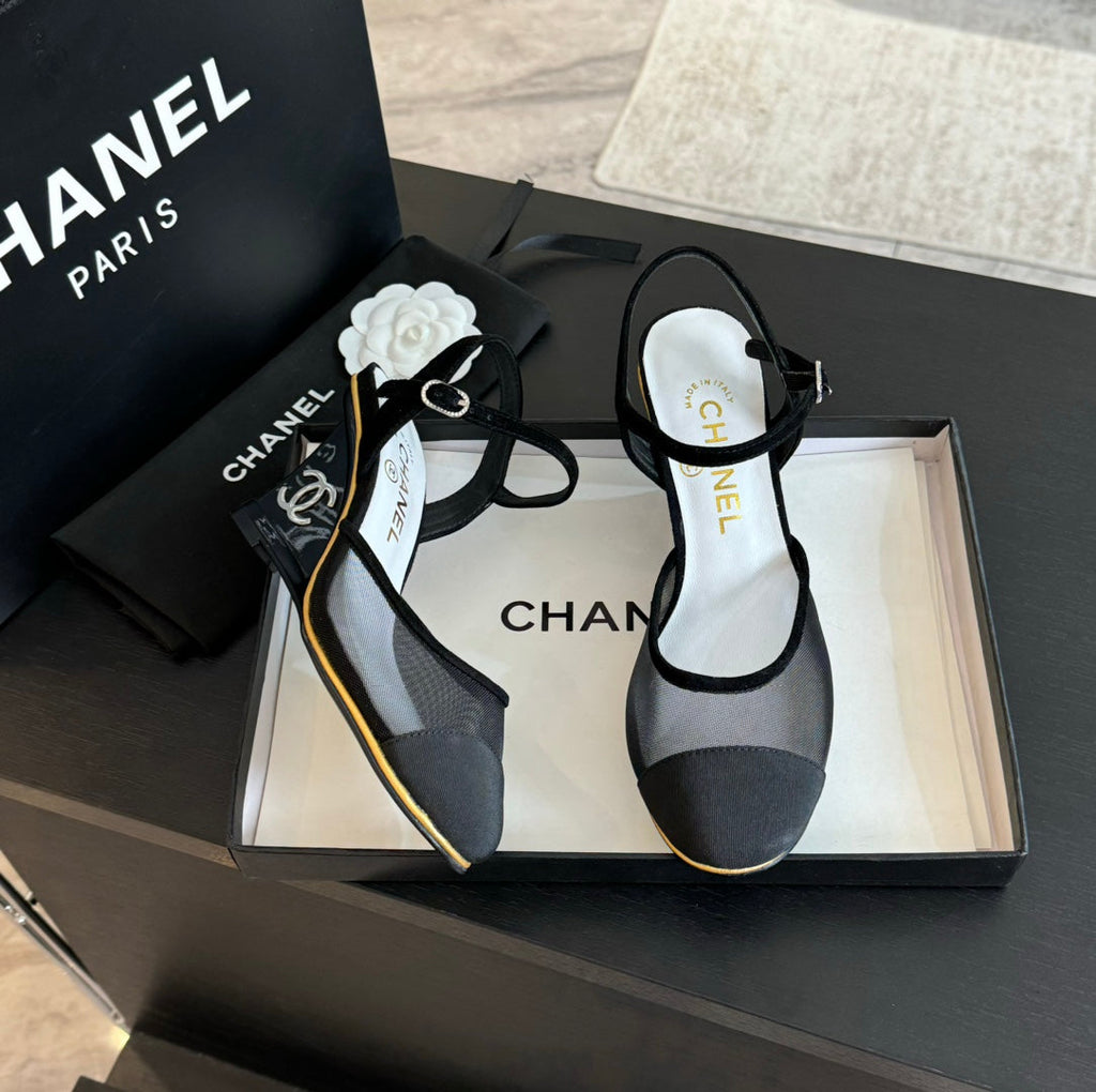Chanel Waterproof Platform High Heels Transparent Heel Mesh Black