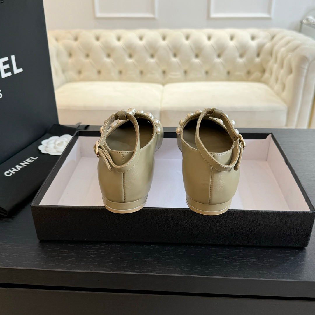 Chanel Mary Janes Shoes Ecru Beige Goatskin with Faux Pearl