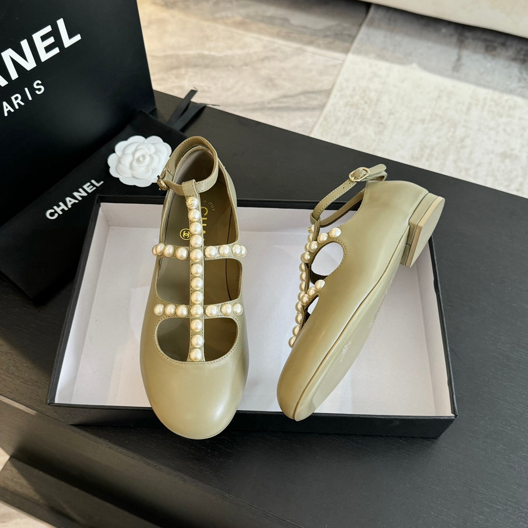 Chanel Mary Janes Shoes Ecru Beige Goatskin with Faux Pearl