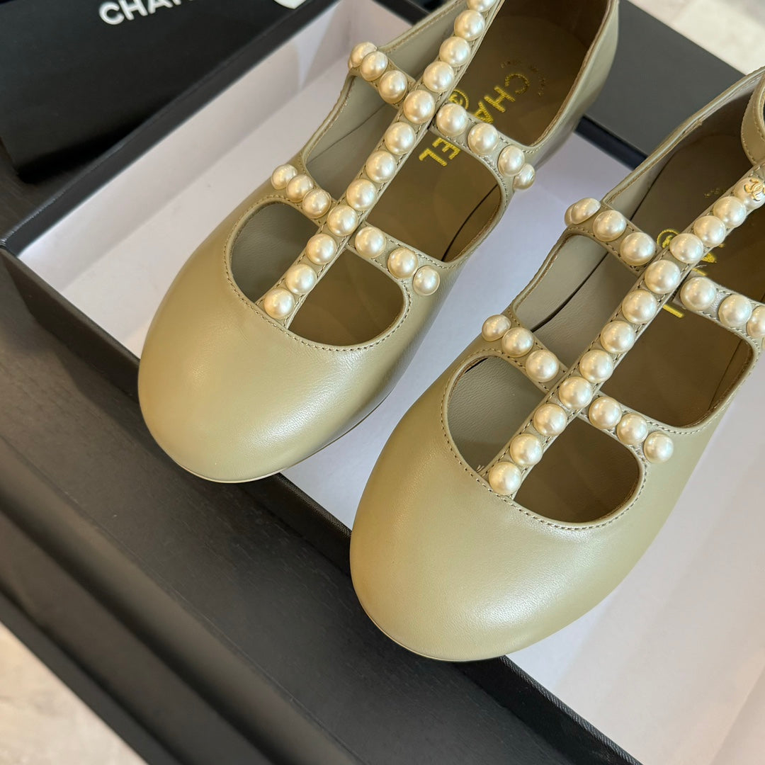 Chanel Mary Janes Shoes Ecru Beige Goatskin with Faux Pearl