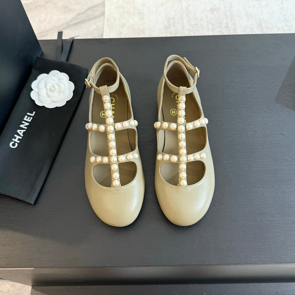 Chanel Mary Janes Shoes Ecru Beige Goatskin with Faux Pearl