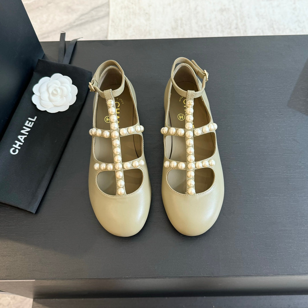 Chanel Mary Janes Shoes Ecru Beige Goatskin with Faux Pearl