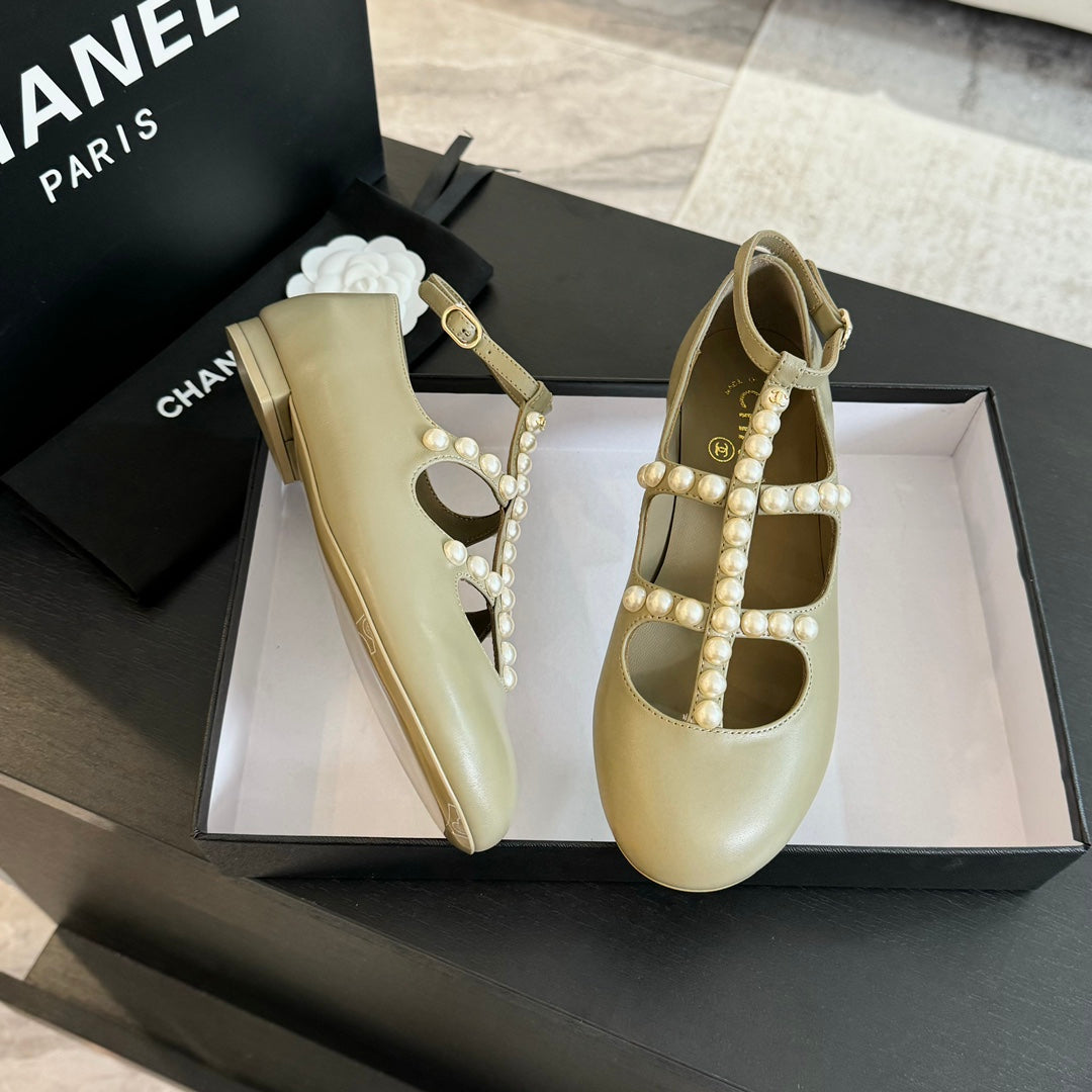 Chanel Mary Janes Shoes Ecru Beige Goatskin with Faux Pearl