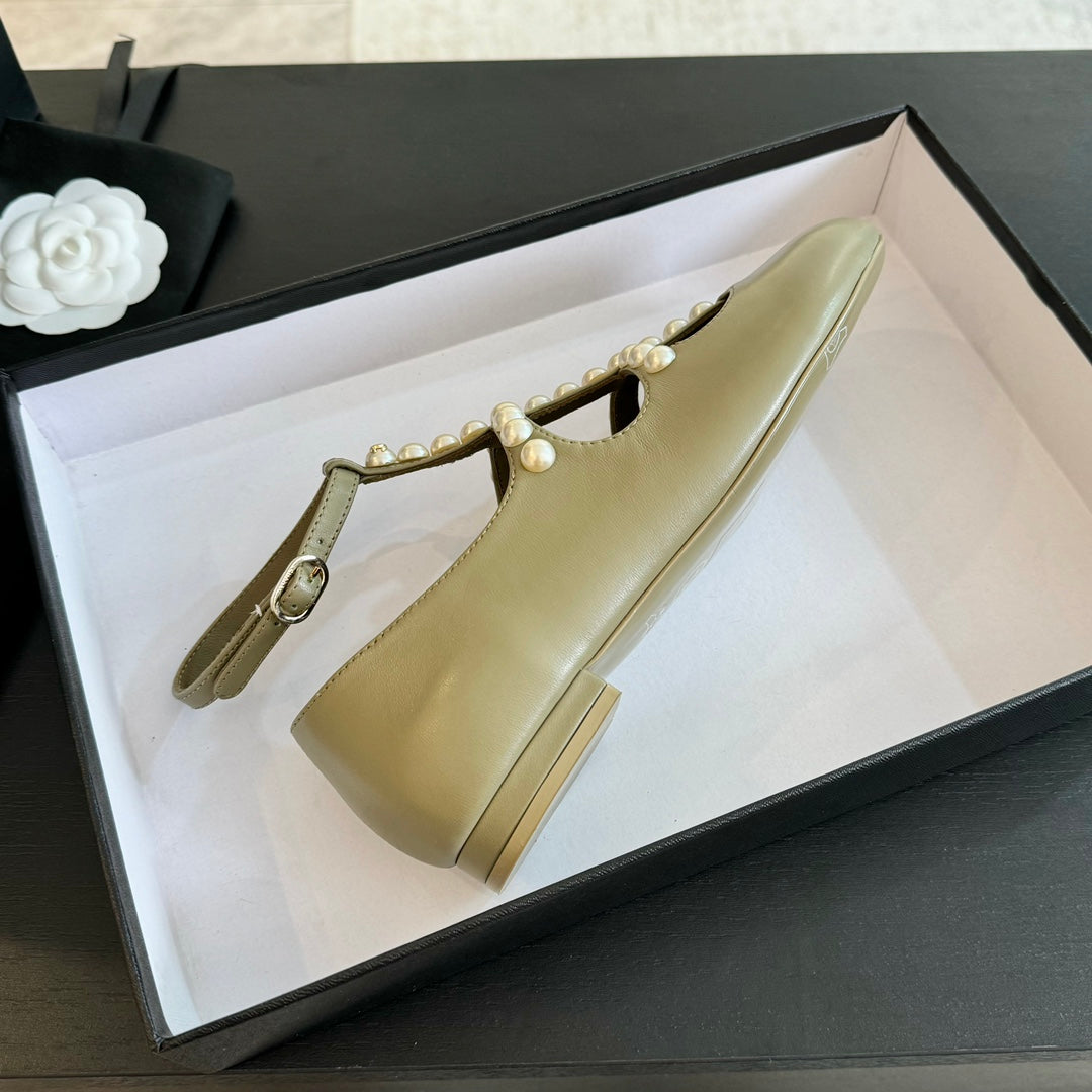 Chanel Mary Janes Shoes Ecru Beige Goatskin with Faux Pearl