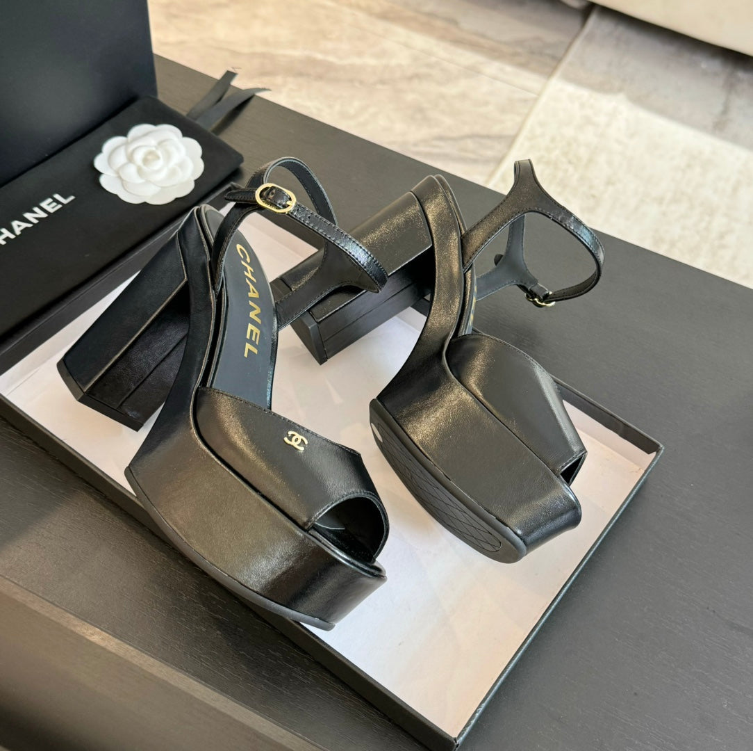 Chanel High Heel Platform Sandals in Black Calfskin