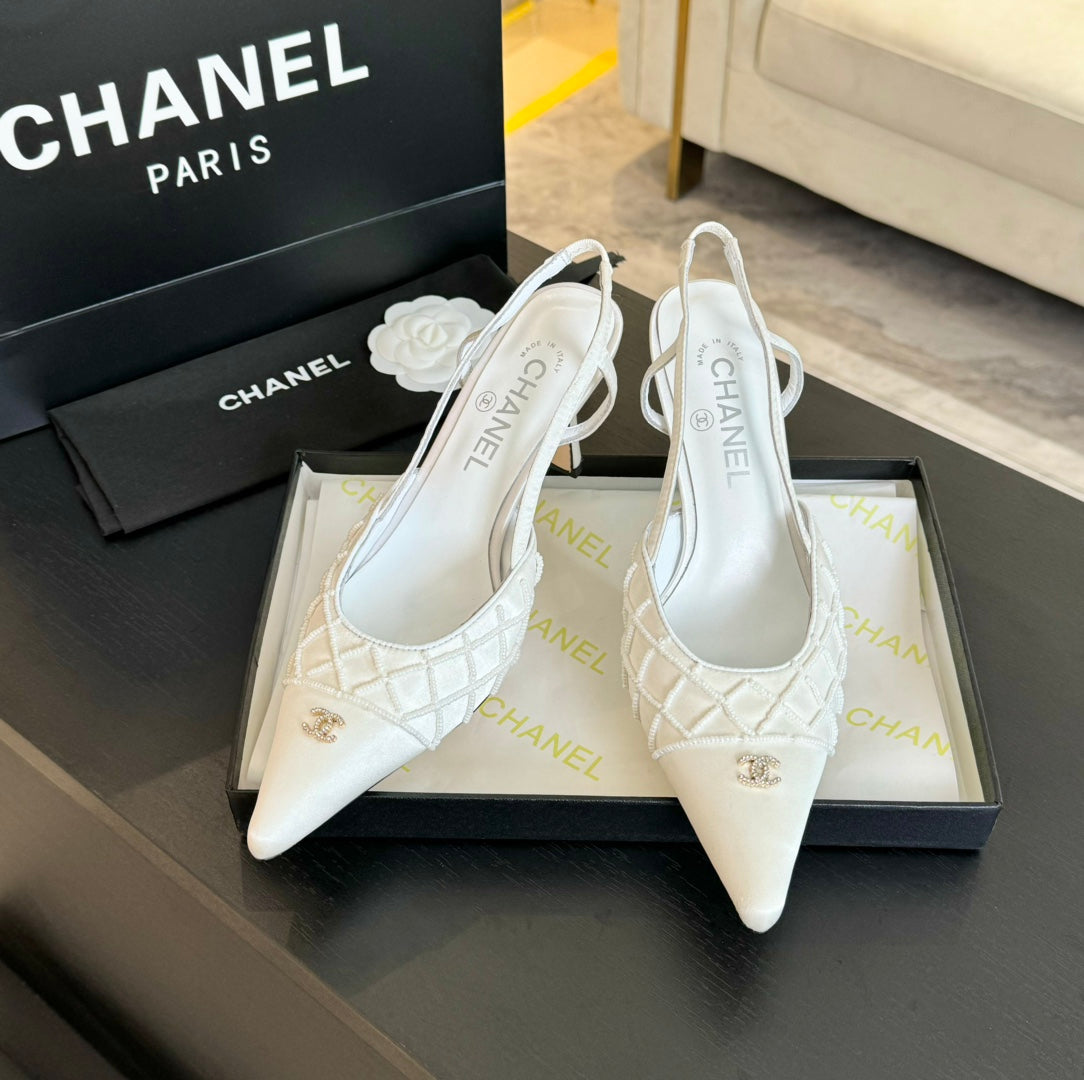 Chanel Pointed Slingback Mid Heels White Lambskin